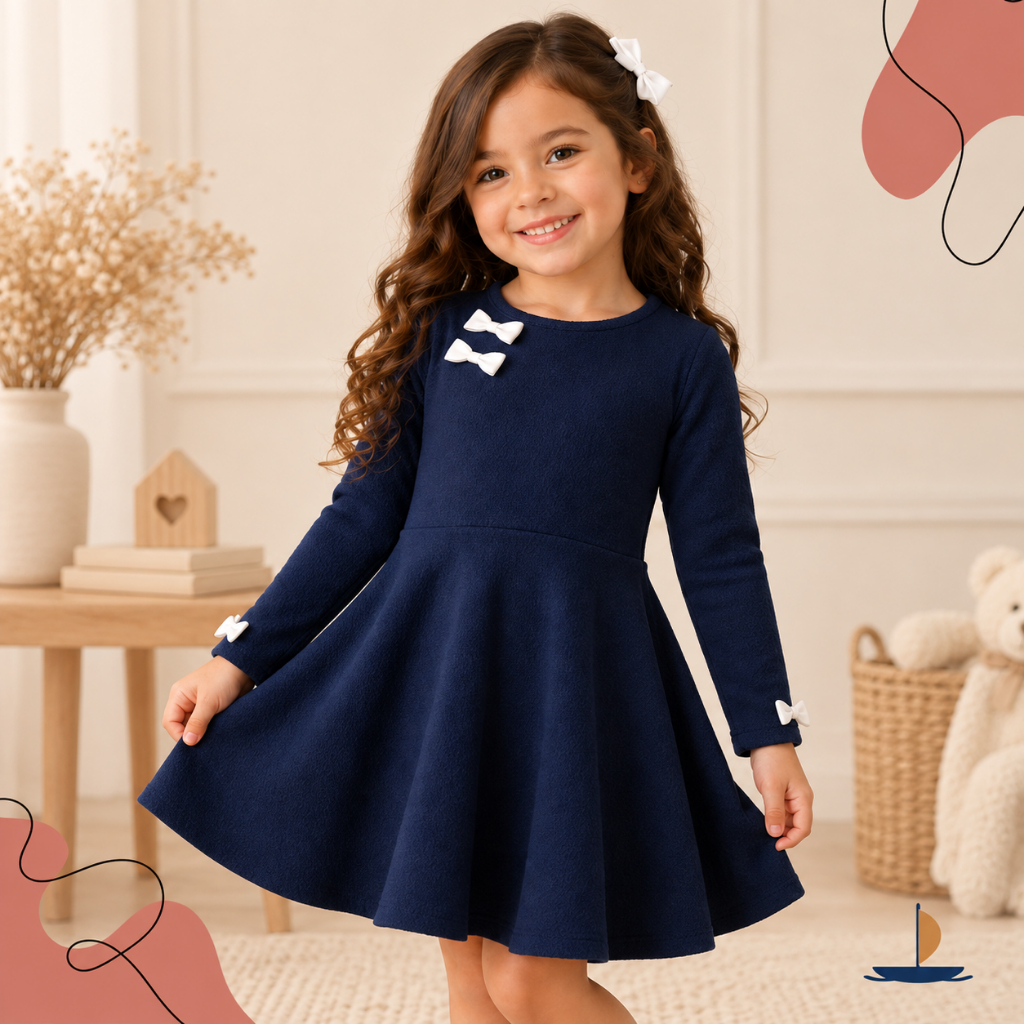 Vestido de Lacinho Menina Manga Longa Infantil Saia Godê Elegante Princesa Igreja Elegante Canelado