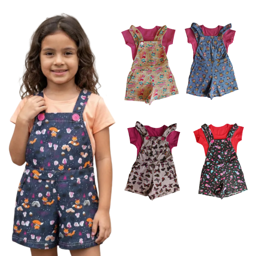 Conjunto Infantil Menina Jardineira short em Cotton estampado e Blusa em Algodão Confortável