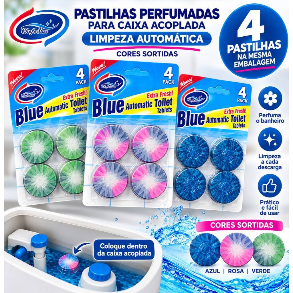 Pastilhas Perfumadas para Caixa Acoplada 4 e 6 Unidades – Limpeza Automática Cores Sortidas