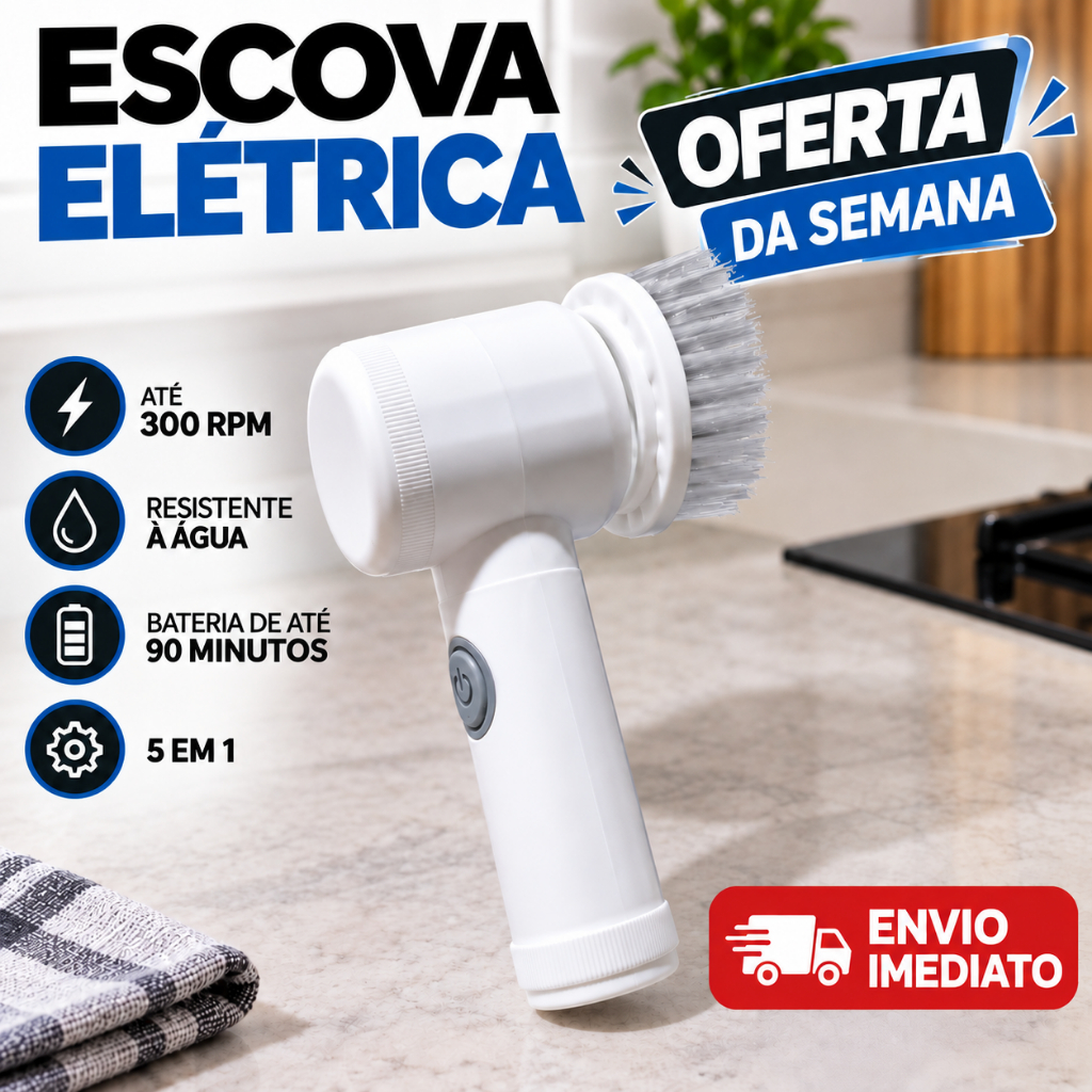 Escova Elétrica 5 em 1 Sem Fio Recarregável USB Tipo-C para Limpeza Pesada Multiuso Banheiro Cozinha Casa
