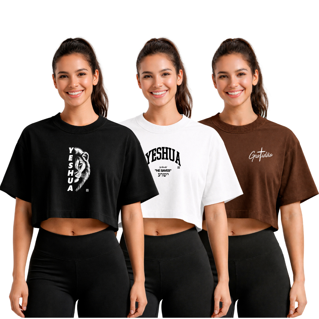 Kit 3 Cropped Oversized Feminina 100% Algodão Estiloso Confortável Gospel