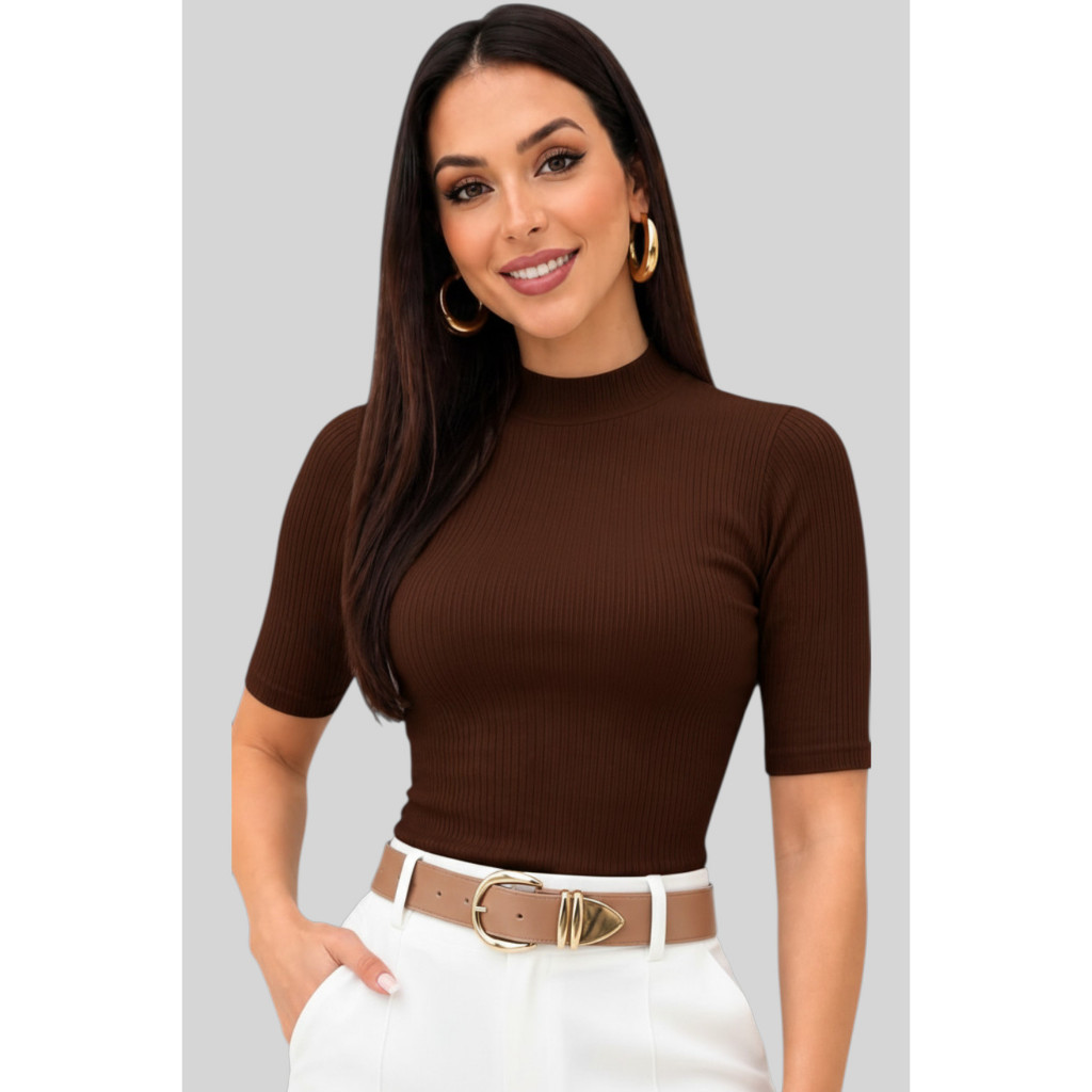 Blusas Gola Alta Ribana Canelada Manga 3/4 em Blusinha Básica Feminina Casual