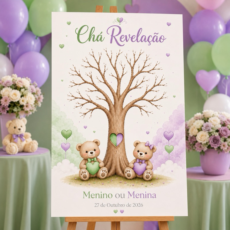 Quadro Decorativo Chá Revelação De Árvore Digitais Personalizado Ursinhos Menino Ou Menina Todas As Cores