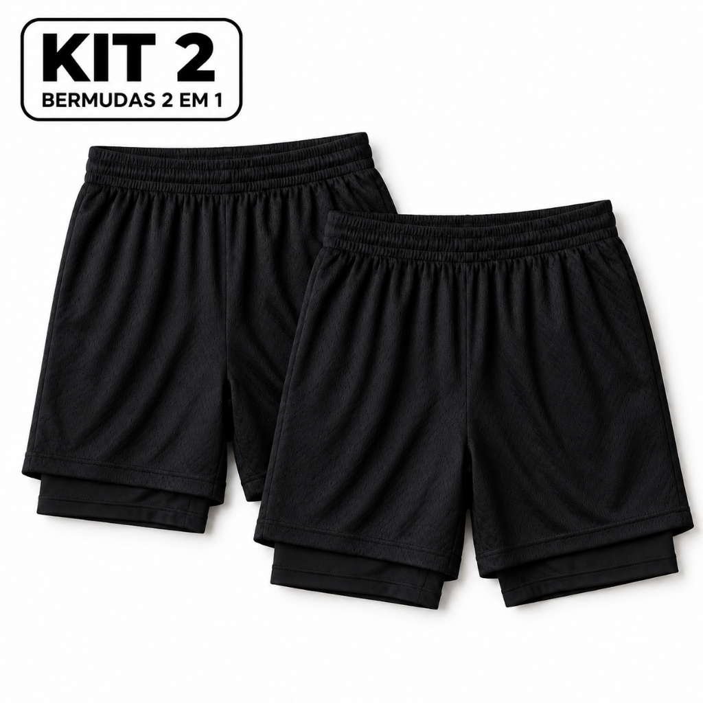 Kit 2 Bermudas Masculinas 2 em 1 Dry Fit Compressão Corrida Academia Short Interno Bolso Celular