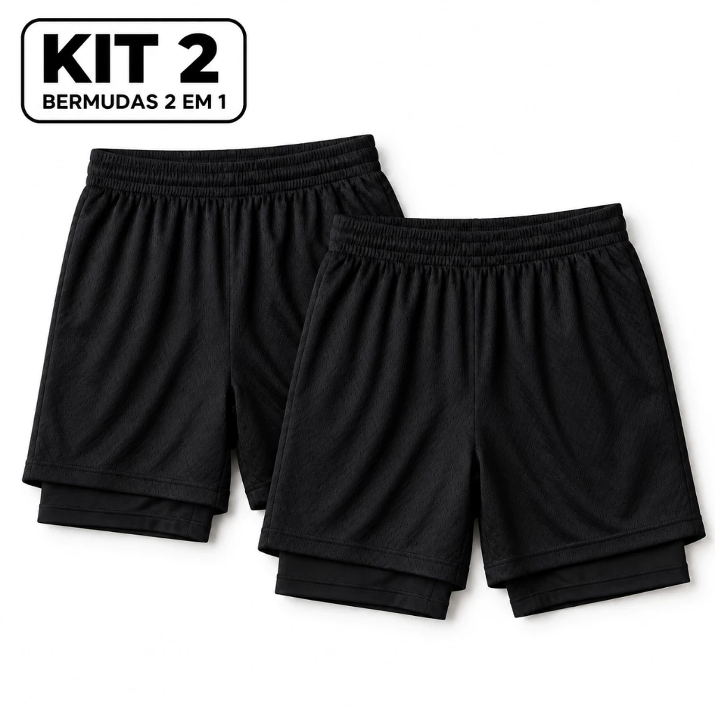 Kit 2 Bermudas Masculinas 2 em 1 Dry Fit Compressão Corrida Academia Short Interno Bolso Celular