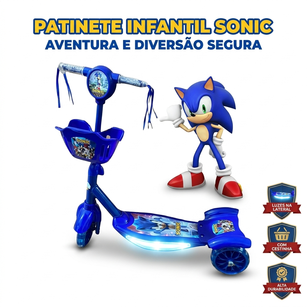 Patinete Infantil Sonic 3 Rodas Cesta Luzes Led Musica Azul Menino Oferta Envio 24h Garantia Pronta Entrega