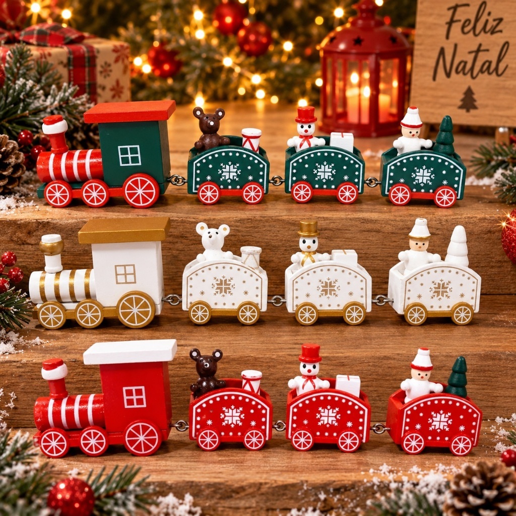 Trem De Madeira Enfeite Decoração Natal Papai Noel 4 Vagões