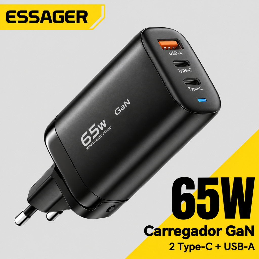 Carregador Essager GaN 65W USB-C + USB-A 3 Portas PD 3.0 QC 3.0 PPS Carga Rápida