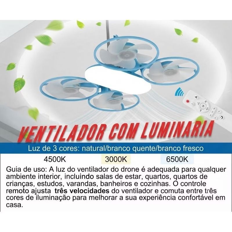 Ventilador com Luminária LED Tipo Drone e Controle Remoto - 60W / Base E27.