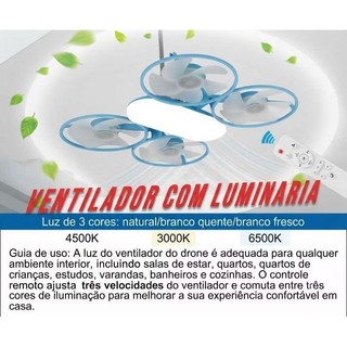 Ventilador com Luminária LED Tipo Drone e Controle Remoto - 60W / Base E27.