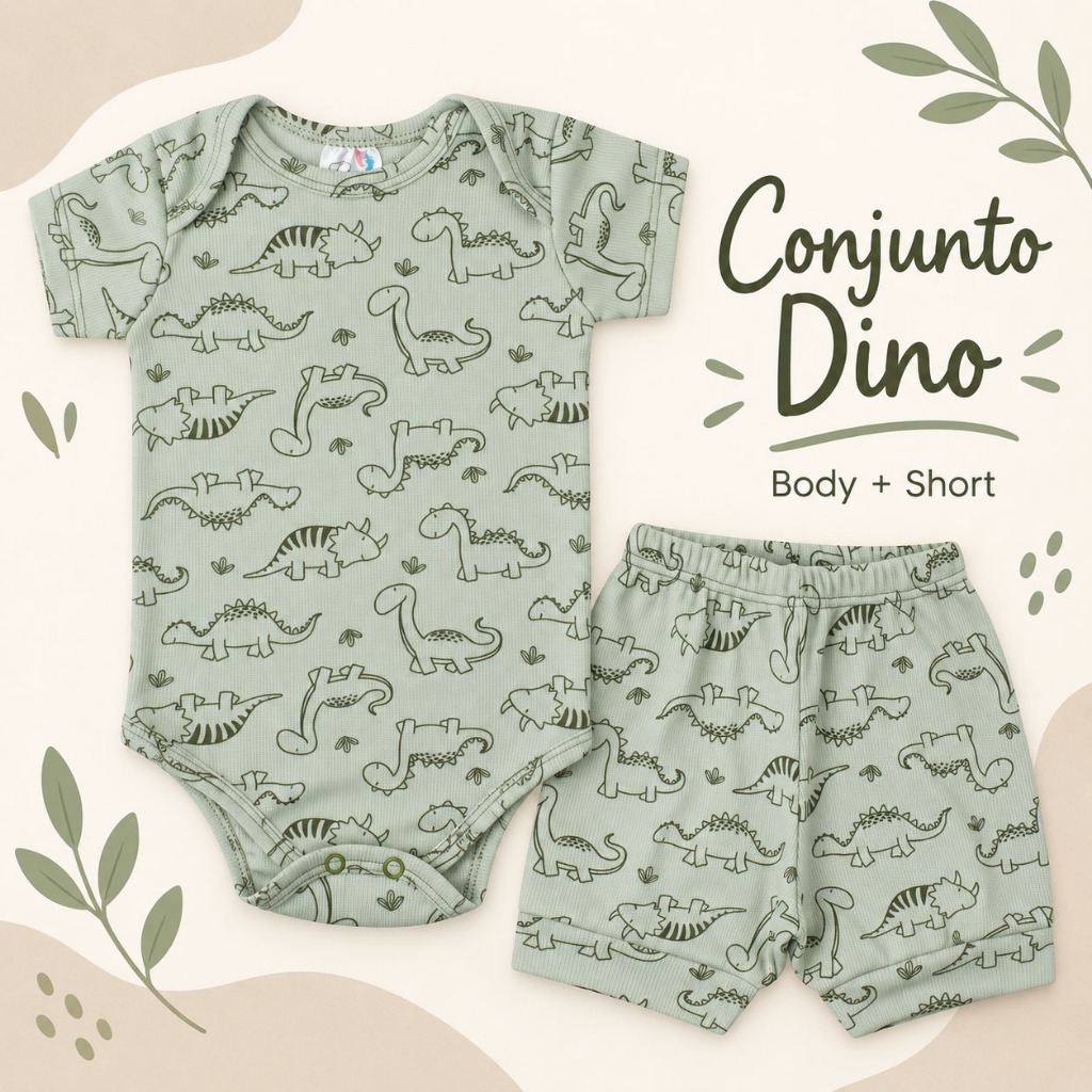 Conjunto Bebê Body e Short Canelado Menino Estampado Dino Verde Poliviscose