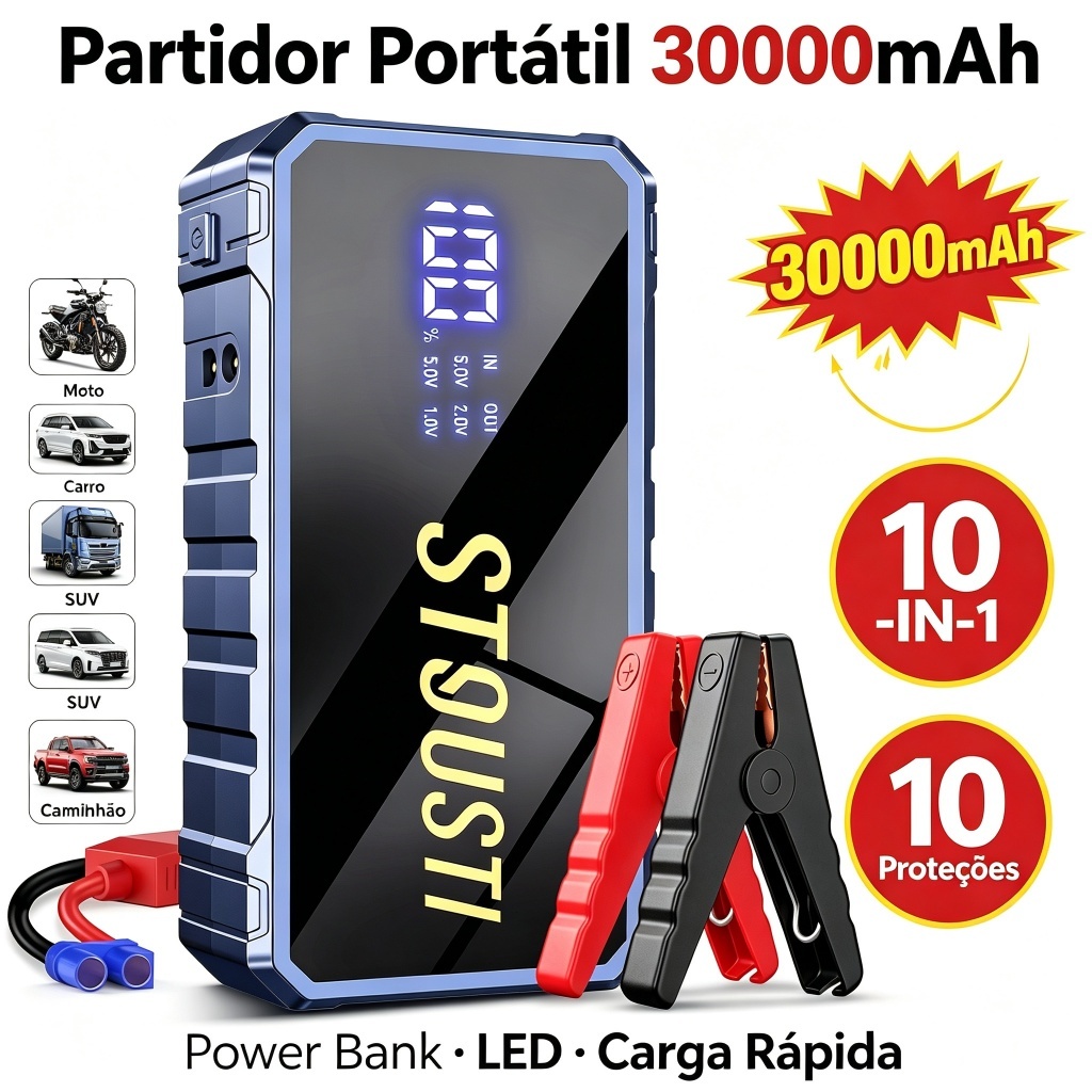 Arrancador de Bateria Automotivo 30000mAh,Power Bank Portátil,Tela Digital,Para Carro, Moto,Caminhão