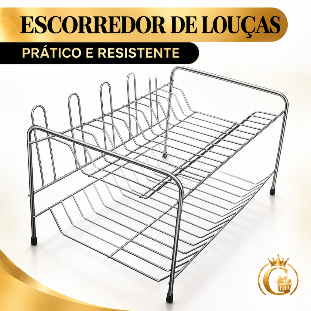 Escorredor de Pratos e Louças 2 Andares Aço Inox para 11 Pratos e 6 Copos