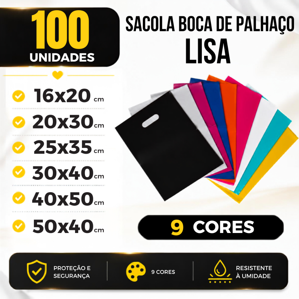 Kit 100 Sacola Boca de Palhaço 16x20 20x30 25x35 30x40 40x50 50x40 Sacolinha para Lojas Sacolas Boca de Palhaço