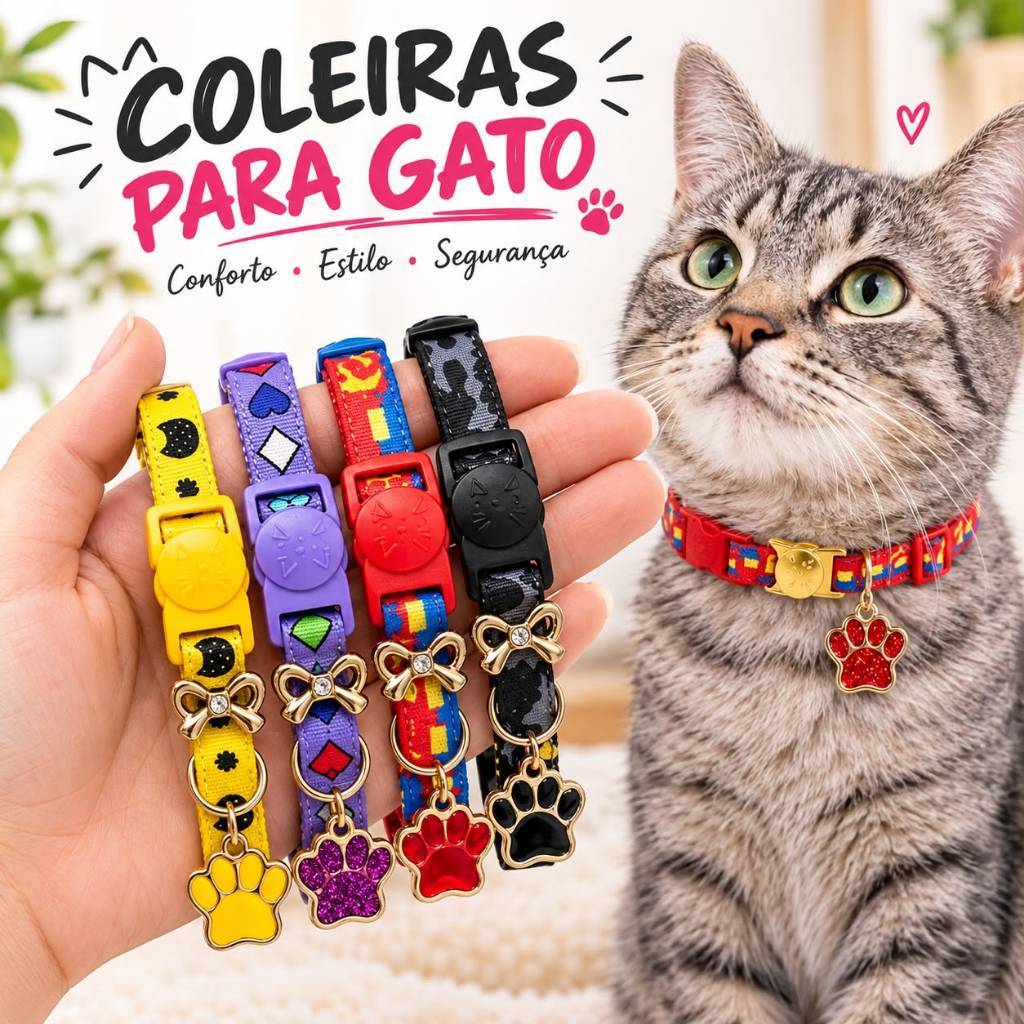 Coleira para Gatos Ajustável com Elástico de Segurança Pingente Fofo Cores Variadas