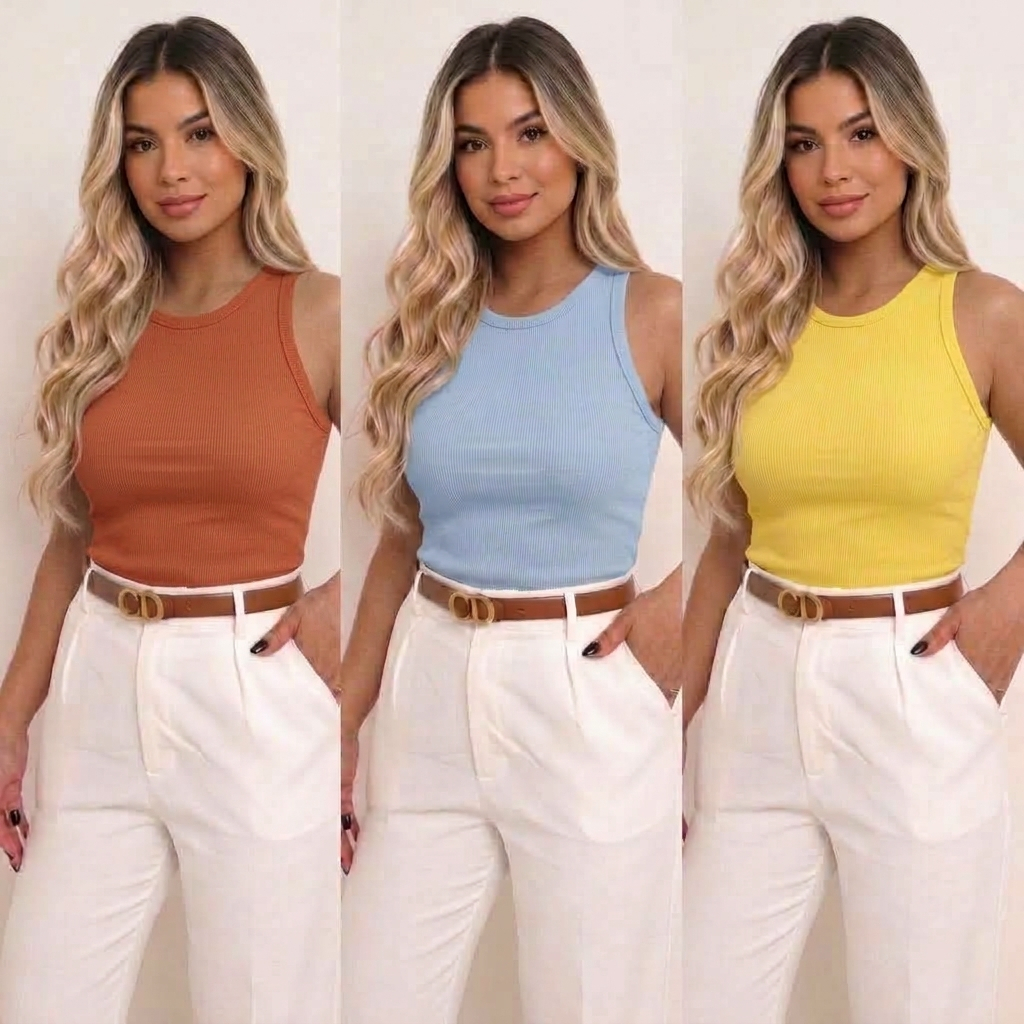 Kit 3 Regatas Canelada Básica Casual Lisa e Listrada Camisa Verão Tendência