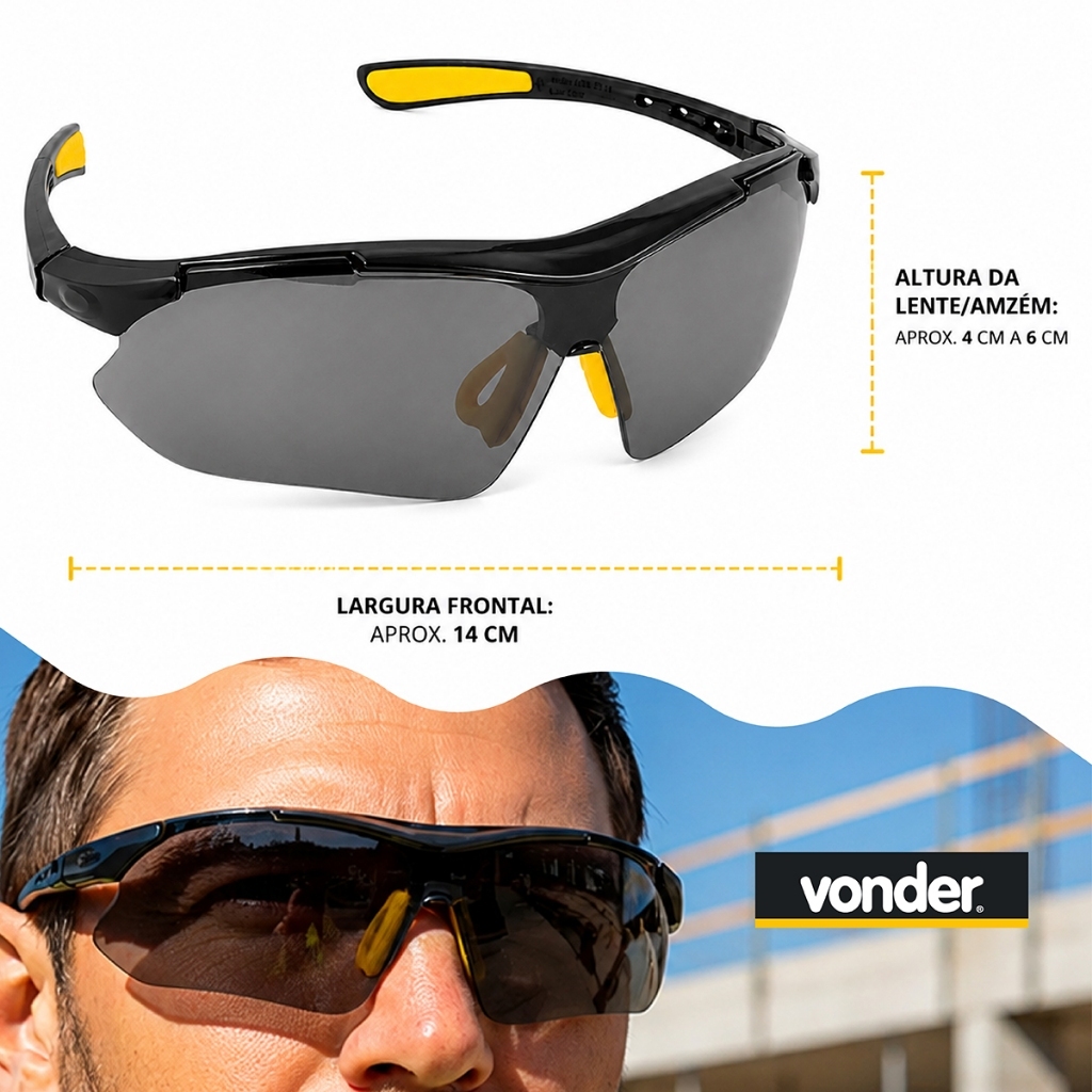 Kit 4 un. Óculos De Segurança Proteção Trabalho Epi Vonder Anti Risco Preto Ambar Transparente Modelo Boxer Esportivo · foto 2