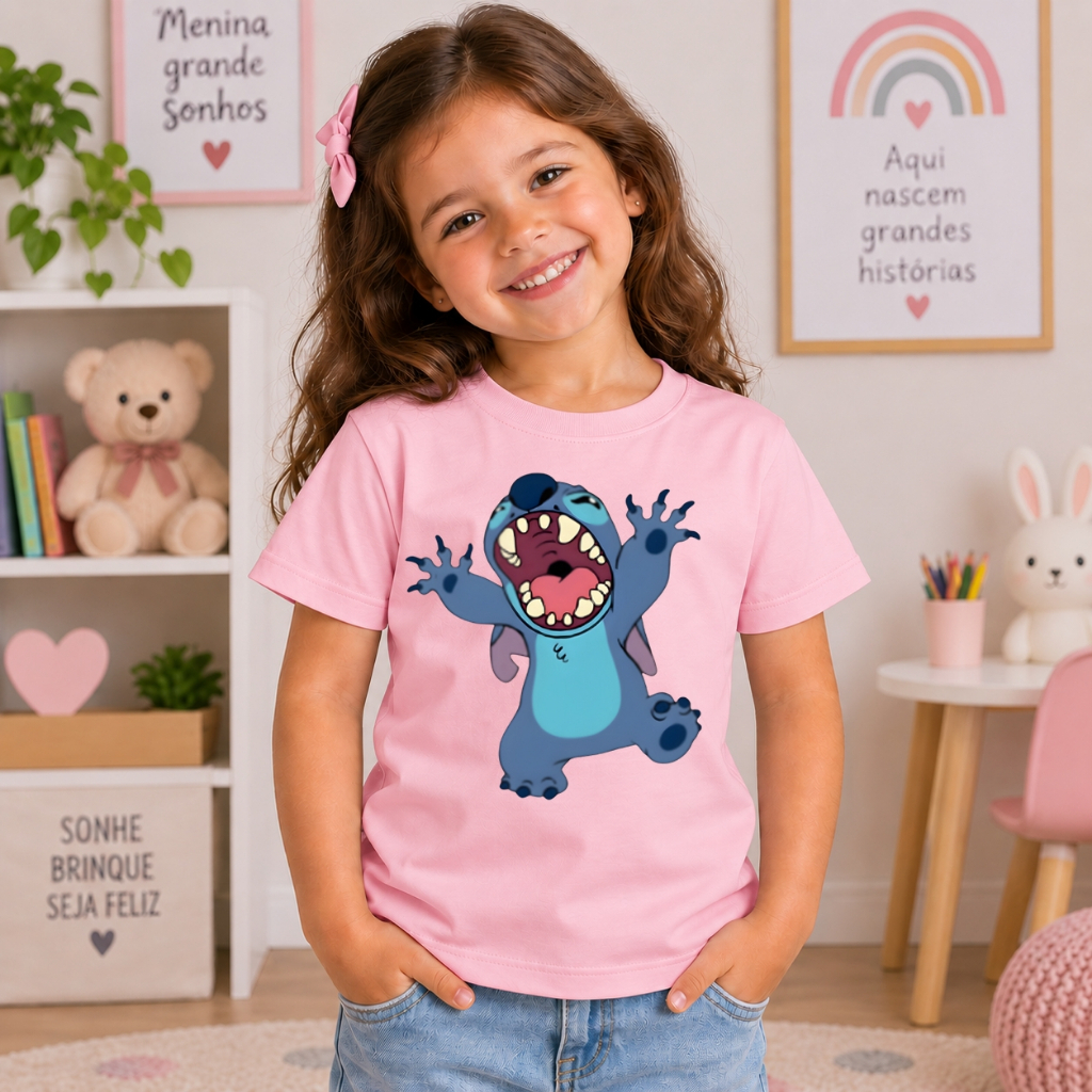 Camiseta Infantil Feminina Stitch Juvenil 100% Algodão Estampada Exclusiva Confortável Casual