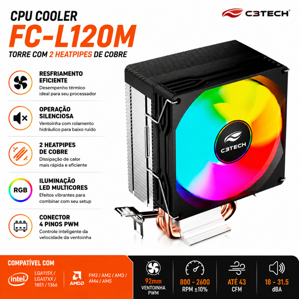 CPU Cooler Fan Para Processador Torre 2 heatpipes de cobre Universal Amd e Intel FC-L120M C3TECH