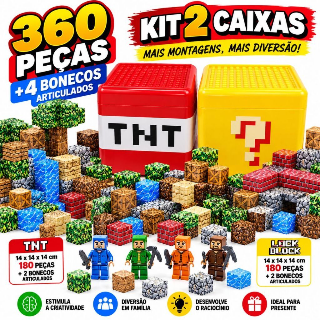 Bloco Magnético de Montar Educativo Cubo Infantil TNT 180/294 Peças + Bonecos Brinquedo Interativo