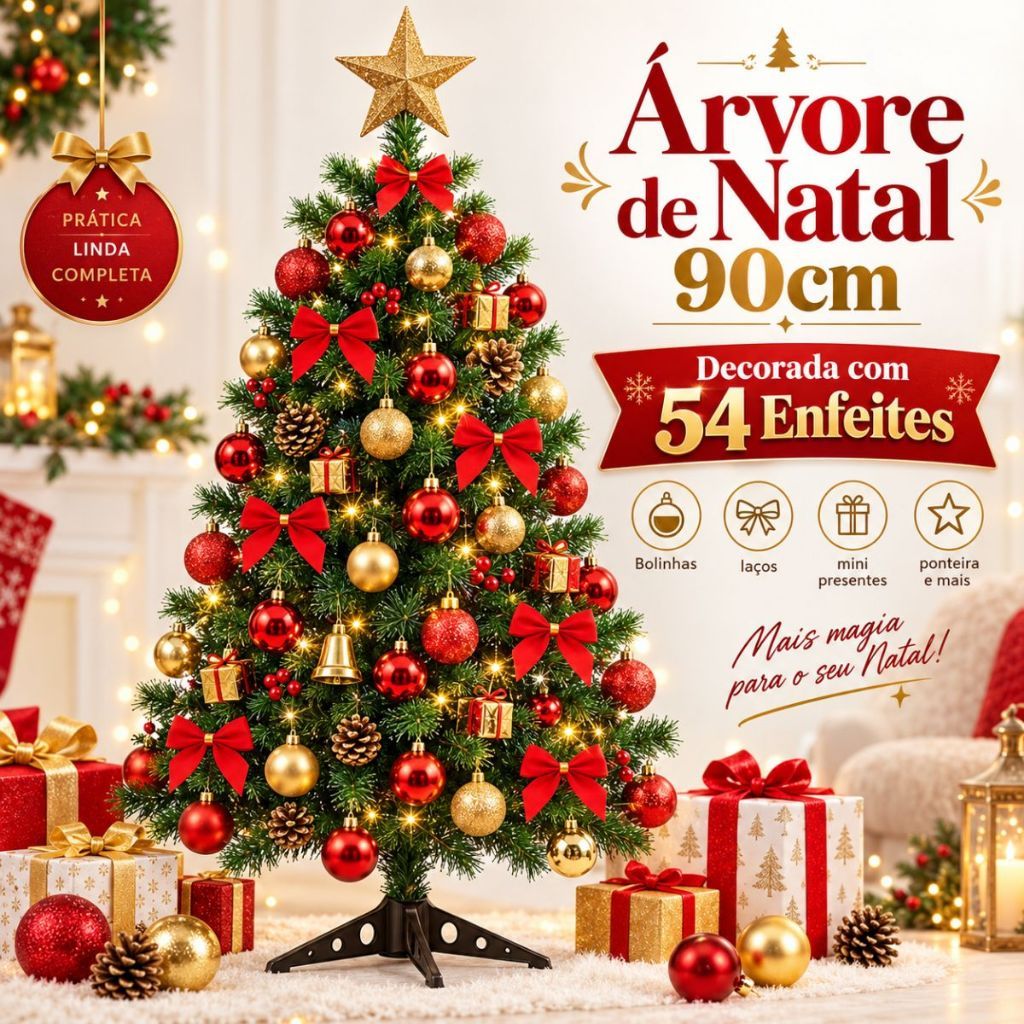 Árvore de Natal 90cm Decorada Completa 54 Enfeites Luzes