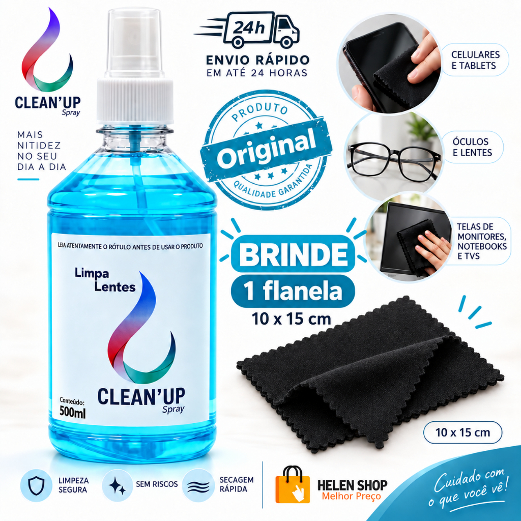 Limpa lentes 500ml  com flanela mágica para óculos tela de celular tv notebook Clean Up Grande