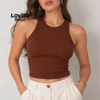 Lovito Regata Casual Feminina Malha Rib Larga Moda Feminina TKB16991729