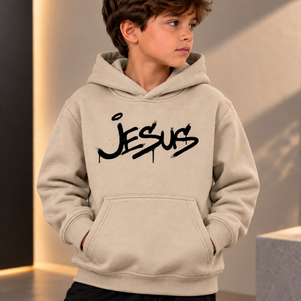 Casaco Masculino Infantil Canguru Infantil Estampado Jesus Com Capuz Algodão Criança Confortável