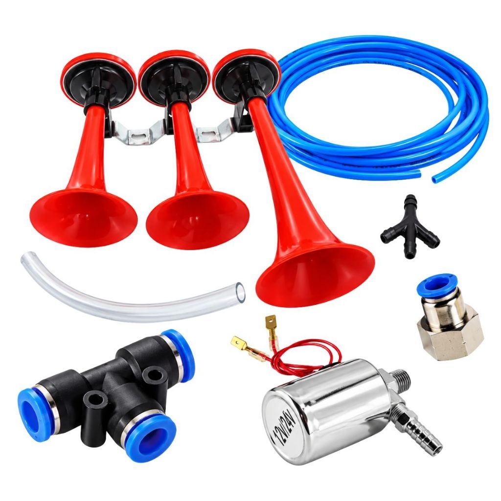 Buzina a Ar Caminhão 3 Cornetas Verdureira com Válvula Solenóide 12V 24V Kit Completo Universal