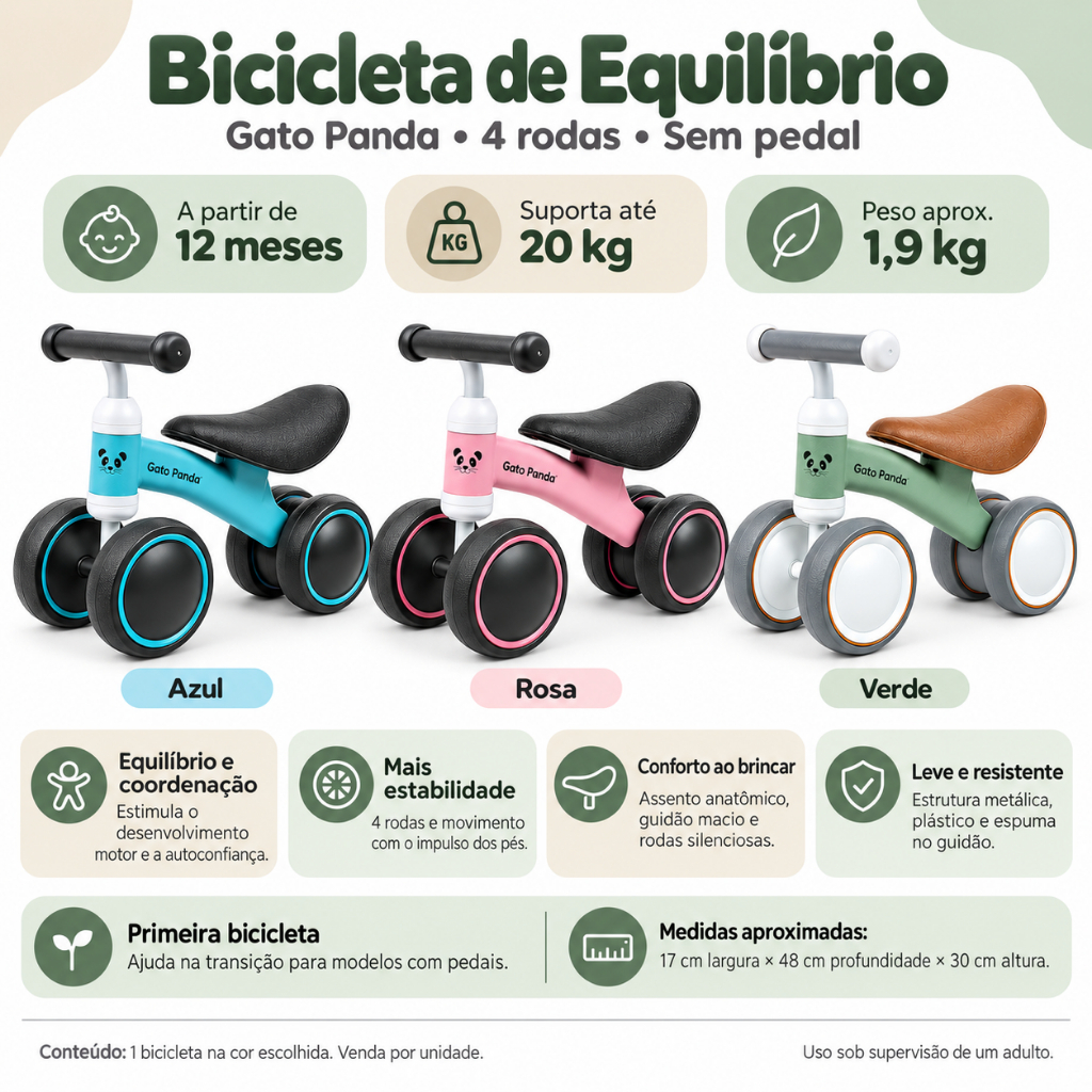 Bicicleta De Equilíbrio 4 Rodas Retro Sem Pedal - Rosa, Azul ou Verde - Gato Panda
