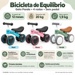 Bicicleta De Equilíbrio 4 Rodas Retro Sem Pedal - Rosa, Azul ou Verde - Gato Panda