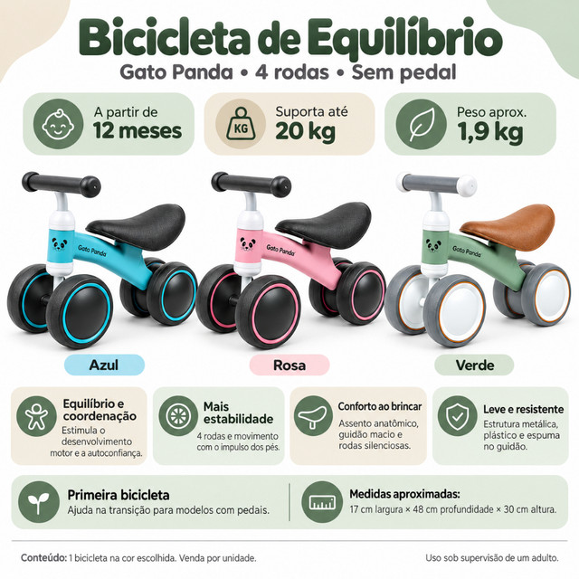 Bicicleta Infantil Menino e Menina Bicicletinha Equilíbrio Bebê 4 Rodas sem Pedal Gato Panda