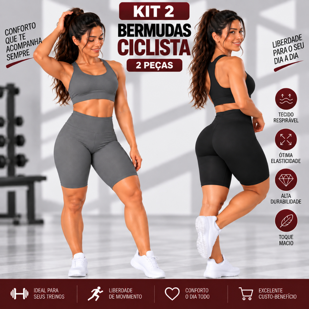 kit 2 bermuda legging suplex ciclista lisa feminina cintura alta academia não fica transparente