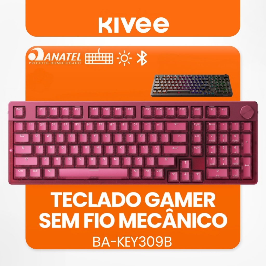 Kivee X basike Teclado Mecânico Gamer KEY309B Triplo Modo RGB ABNT2 Bluetooth 2.4G Fio Bateria 4000mAh 101Teclas