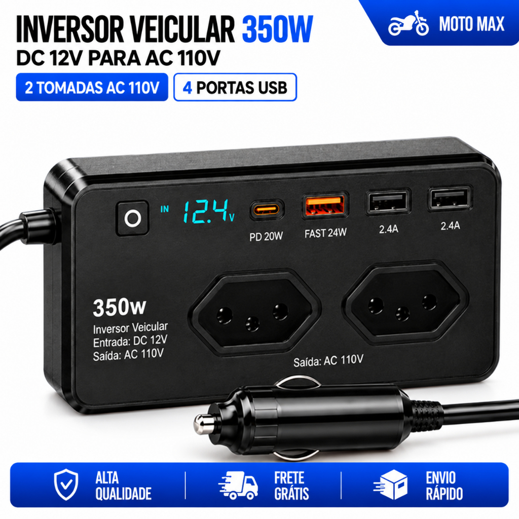 Inversor Veicular 350W 12V Para 110V + Display Digital + 2 Tomadas AC + USB-A e USB-C PD 24W Carregador Rápido
