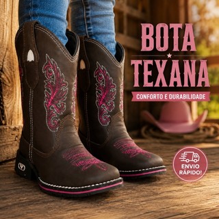 Bota Texana Infantil Menina Cowgirl Country Marrom Rosa Cowboy Western para Rodeio Festa Passeio Eventos e Uso Casual.