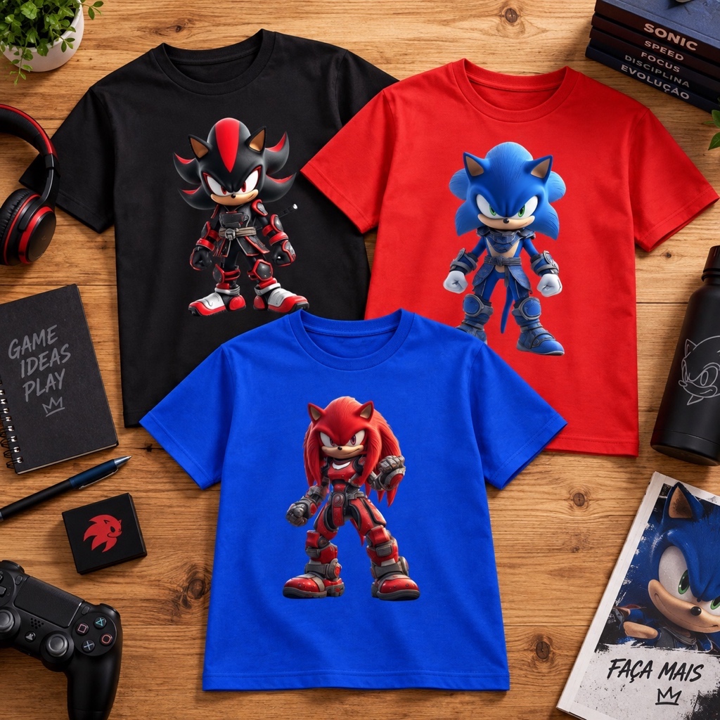 Kit 3 Camisetas Infantil Masculina Sonic, Shadow e Knuckles Estampadas – Cores Variadas