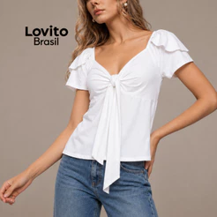 Lovito Blusa Decote com Laço Gola Babado Moda Feminina BRBLB922BRL952