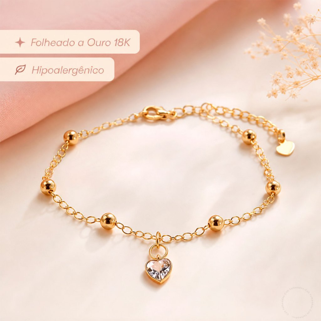 Pulseira Infantil Coraçãozinho de Zircônia com Bolinhas Folheado a Ouro 18K