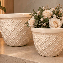 Vaso de Cerâmica Cachepot Flor para Plantas Sala Escritório Decoração Sofisticado OFF WHITE