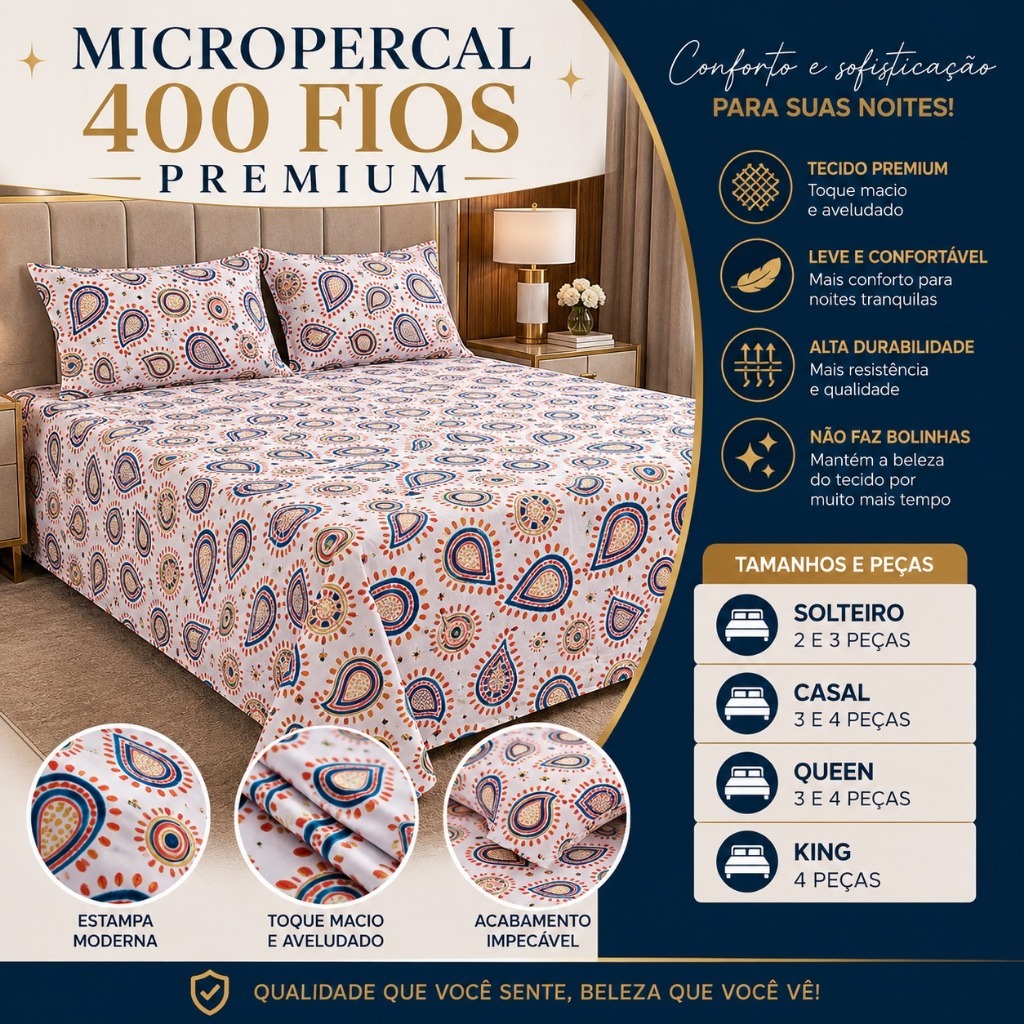 Jogo de Lençol Cama Solteiro Casal Queen King 400 fios Micropercal 3 ou 4 Peças Fronha Estampada - Diversas Estampas