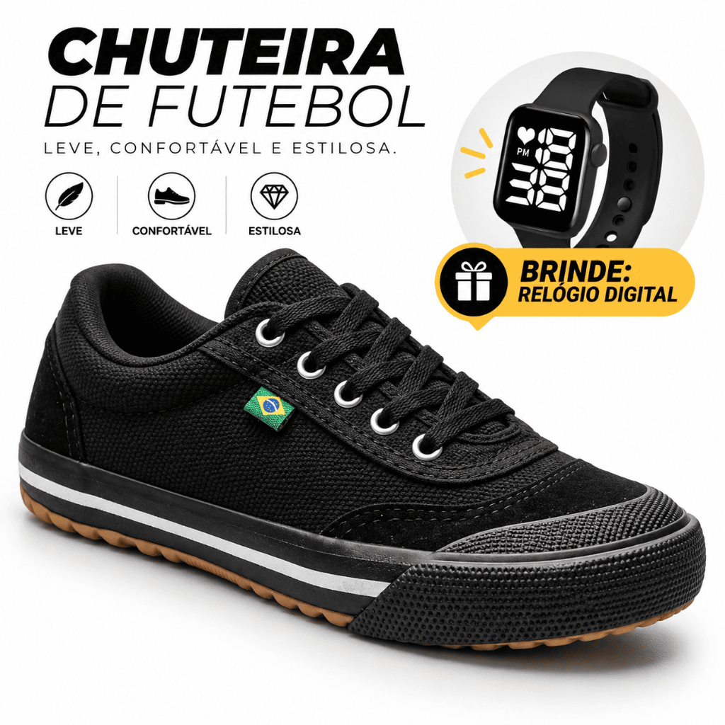Chuteira Futsal Futebol Salão Masculina Solado Emborrachado Antiderrapante + Relógio Digital Brinde