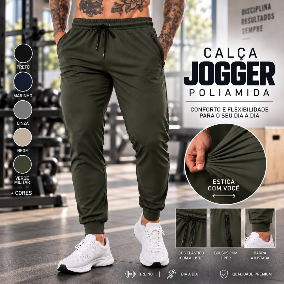 Calça Poliamida Masculina Estilo Jogger com Bolso e com Punho na Barra Esportiva para uso Academia Casual