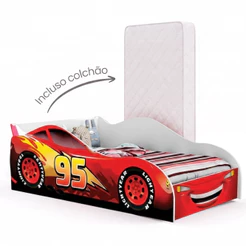 Cama Carro Tamanho Solteiro Infantil Montessoriana Meninos Adesivada Personagens Divertidos MDF Incluso Colchão - AV