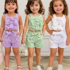 Conjunto Infantil Menina short cropedd com bolsos alfaiataria flor 3D 2-4-6-8-10