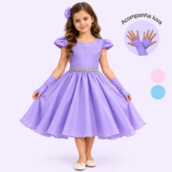 Vestido Curto Juvenil Com Luva e Cinto de Strass Estilo Princesa Rapunzel Ou Sofia Festa