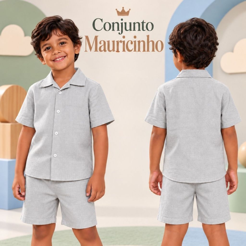 Conjunto Infantil Menino Mauricinho em Linho com Camisa Infantil Menino Bermuda Infantil Menino Botões