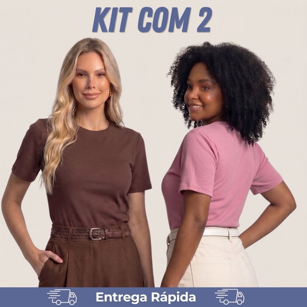 Kit 2 Blusa Feminina Ribana Canelada Lisa com Elastano Manga Curta Básica Gola Redonda Alongada