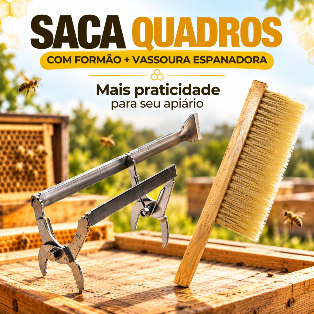 Kit Saca Quadros com Formão Inox + Vassoura Espanadora Cabo Madeira Abelhas SR APICULTURA