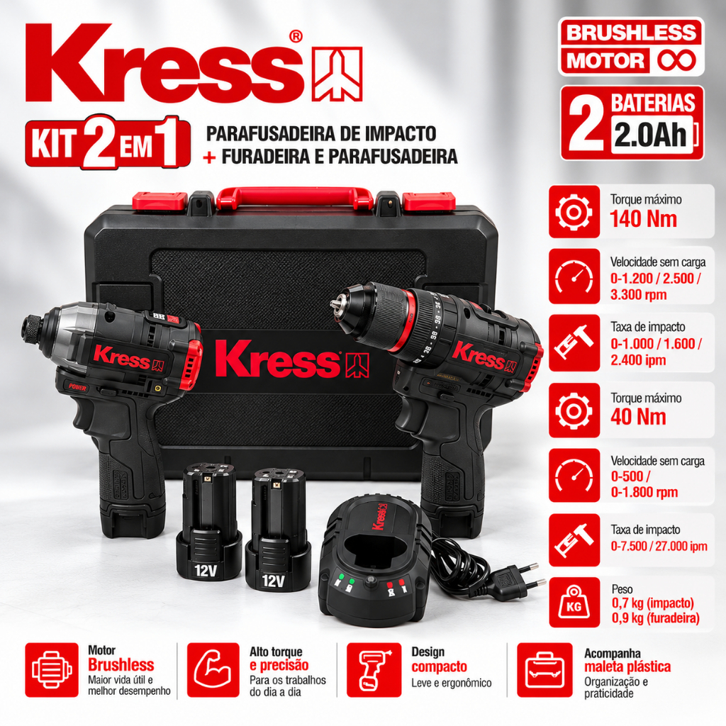 Kit Furadadeira Parafusadeira 3/8 Brushless + Parafusadeira de Impacto 1/4